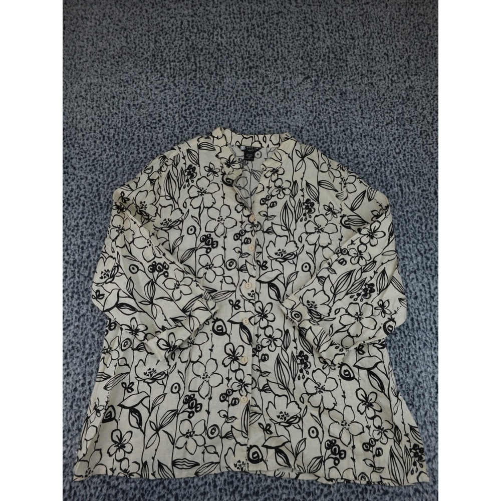 Carole Little Woman 3X Cream Black Floral 100% Linen Button Up Shirt 3/4 Sleeve